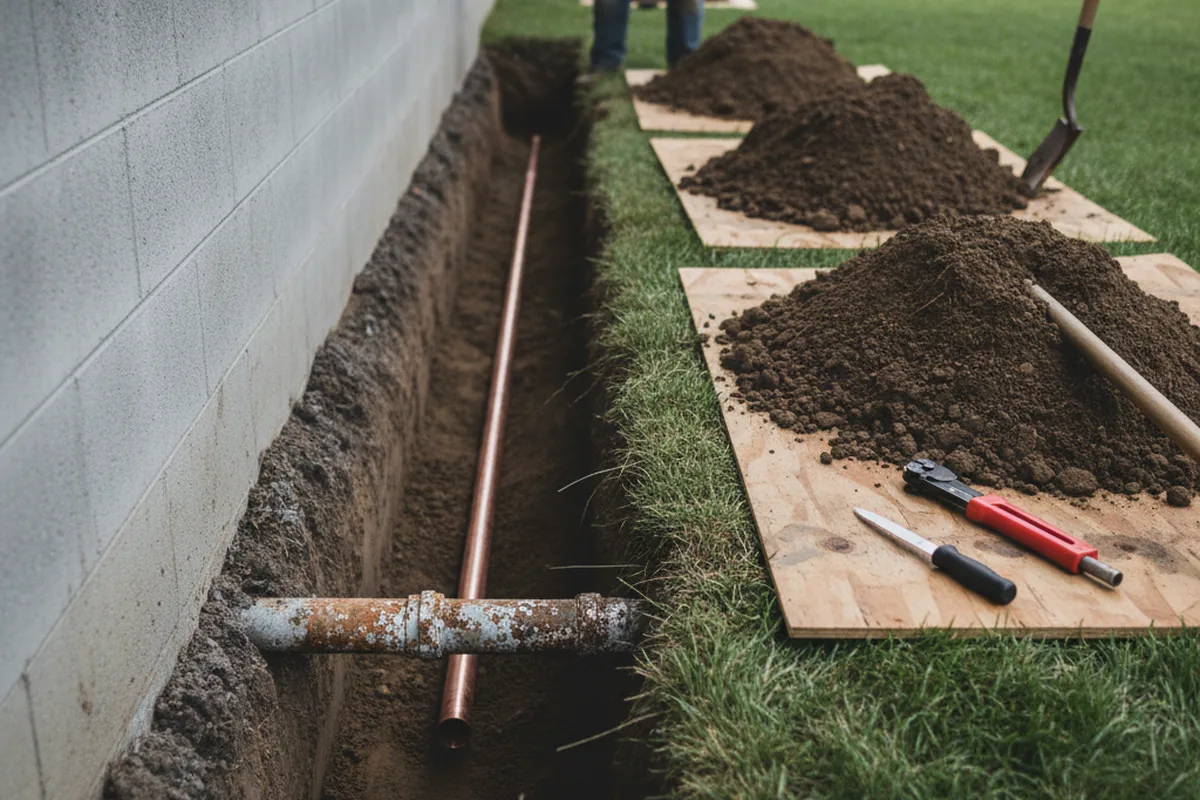 Excavated water line trench during Sewer Line Repair in Galway